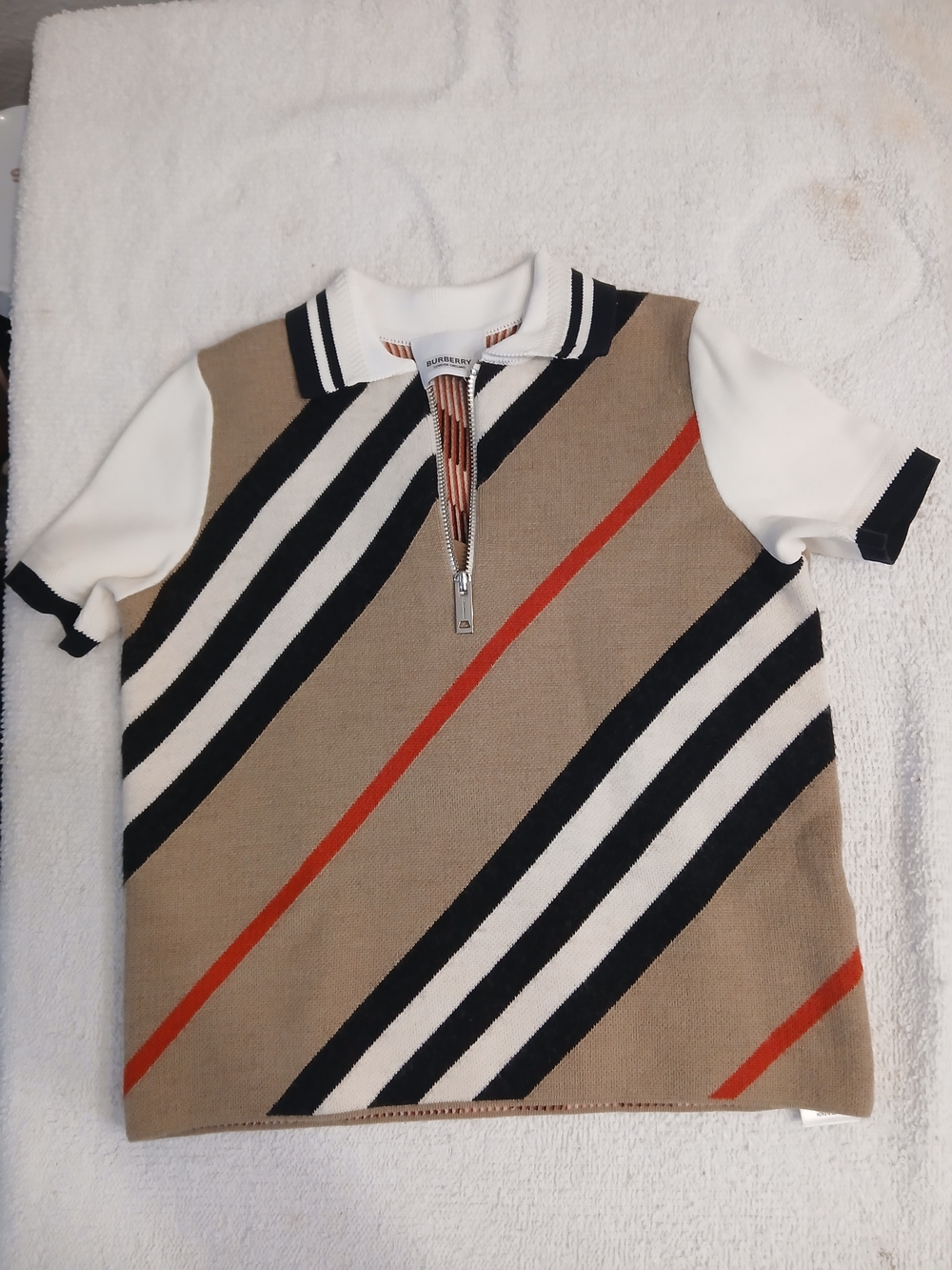 Burberry Tan Polo with Black, White & Red Diagonal Stripes